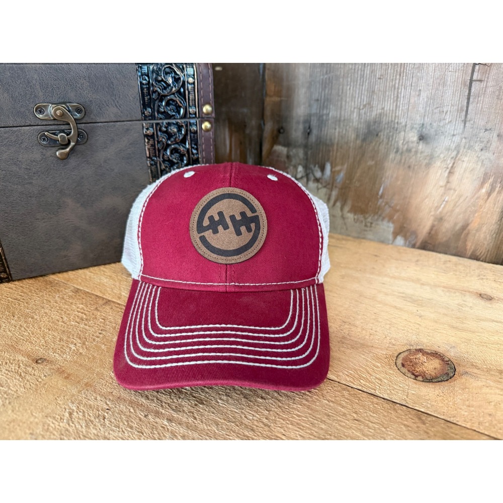 Double H Work Western Trucker Hat Maroon White Mesh Back Leather Patch Cap